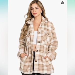 Love Tree Women's Cozy Soft Sherpa Teddy Coat Plaid Shacket - Khaki